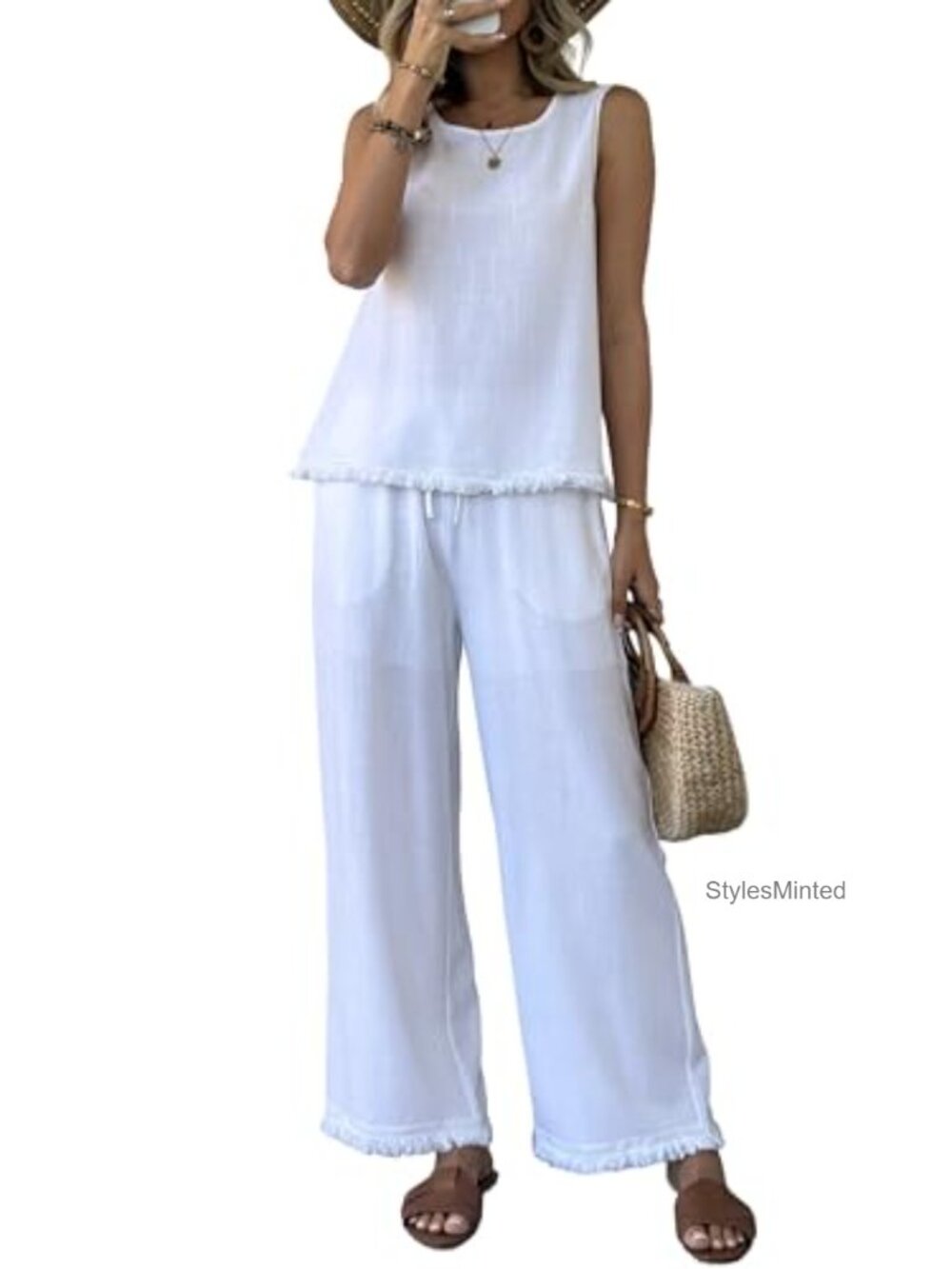 Linen Blend 2 Piece Set Sleeveless Tassel Top Wide Leg Pants Vacation